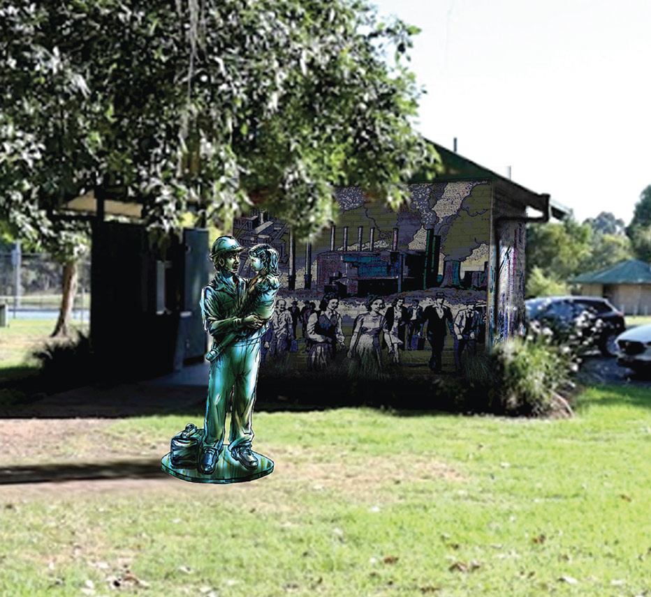 Artists concept of a bronze memorial sculpture of a male power station worker holding his young daughter. Behind this is an artists impression of a mural painted onto the back wall of a shelter building. They are both in a botanical park.