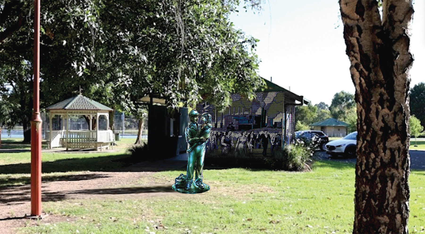 Artists concept of a bronze memorial sculpture of a male power station worker holding his young daughter. Behind this is an artists impression of a mural painted onto the back wall of a shelter building. They are both in a botanical park.