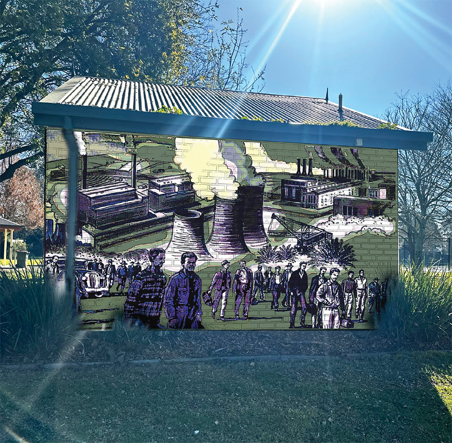 Artists concept of a mural painted onto the back wall of a shelter building in a botanical park.