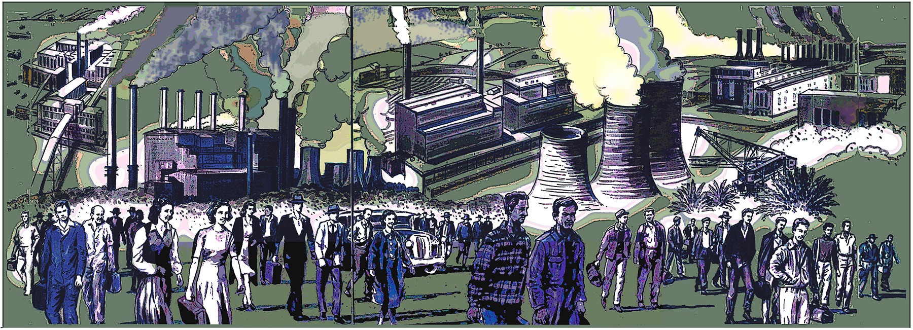 Artists concept drawing of a mural depicting people leaving a powerstation workplace in the 1950s and 60s. Colours are green, grey, purple and black and white.